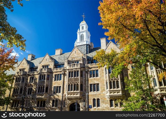 Yale university buildings in autumn with blue sky in New Haven, CT USA
