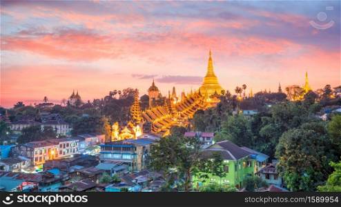 Yangon skyline with Shwedagon Pagoda in Myanmar at sunset