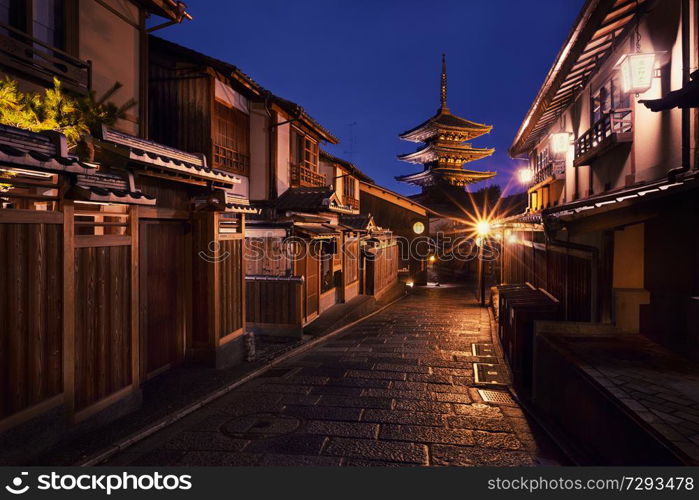 Yasaka-no-to Pagoda also known as Hokan-ji Temple at night, Higashiyama district, Kyoto, Japan. Yasaka-no-to Pagoda at night, Kyoto, Japan