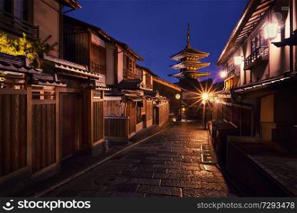 Yasaka-no-to Pagoda also known as Hokan-ji Temple at night, Higashiyama district, Kyoto, Japan. Yasaka-no-to Pagoda at night, Kyoto, Japan