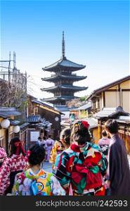 Yasaka pagoda is a five-story pagoda. This is the last remnant of Hokanji Temple on a traditional street in old village, Kyoto, Japan.