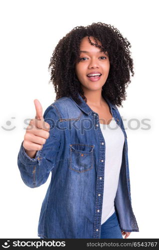Yeah! All ok!. Beautiful young woman signaling ok, isolated over white