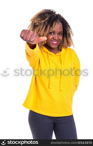 Yeah! All ok!. Beautiful young woman signaling ok, isolated over white