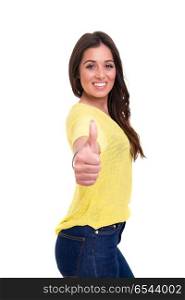 Yeah ! All ok!. Beautiful young woman signaling ok, isolated over white