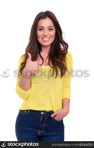 Yeah ! All ok!. Beautiful young woman signaling ok, isolated over white