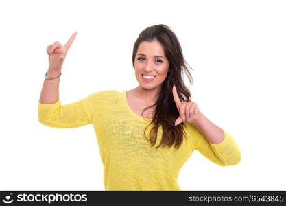 Yeah! Sooo happy!. Studio shot: Happy woman with raised arms