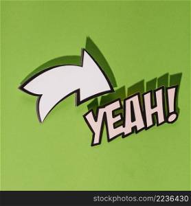 yeah text with white arrow direction sign green background