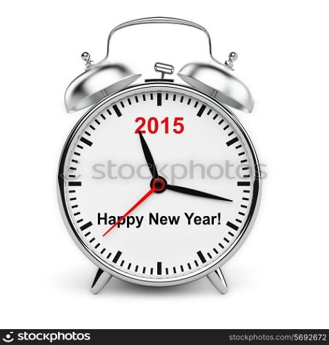 Year 2015 on retro styled classic metal alarm clock isolated on white