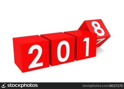 Year 2018 on the red cubes, isolated on white, 3D rendering