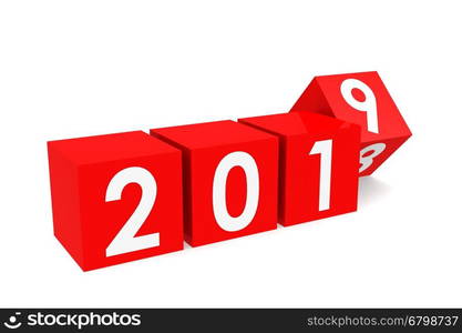 Year 2019 on the red cubes, isolated on white, 3D rendering