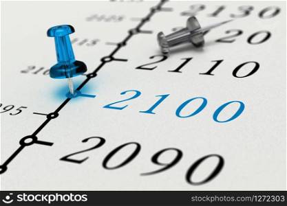 Year 2100 written on a paper with a blue pushpin, concept image for business vision or long term prospective. Number two thousand one hundred. . Year 2100