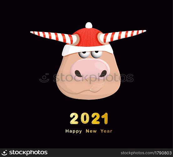 Year of the bull postcard square. Funny christmas character ox. 2021, vector illustration. Year of the bull postcard square. Funny christmas character ox. 2021, vector illustration.