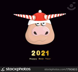 Year of the bull postcard square. Funny christmas character ox. 2021, vector illustration. Year of the bull postcard square. Funny christmas character ox. 2021, vector illustration.