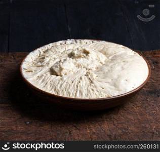 yeast dough in a ceramic plate on a brown board, close up