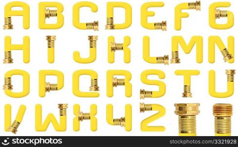 Yellow all capital alphabet created with high resolution photograph of yellow garden hose wall spigot attachment over white.