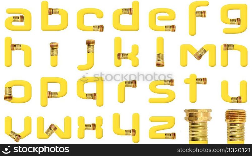 Yellow all lower case alphabet created with high resolution photograph of yellow garden hose wall spigot attachment over white.
