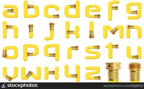 Yellow all lower case alphabet created with high resolution photograph of yellow garden hose wall spigot attachment over white.