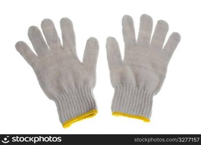 Yellow and black fabric gloves isolated on white background.