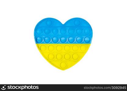 Yellow and blue Pop It Antistress game. Pop Fidget Sensory Toy for Autism Special Needs Stress Relief in form of heart. Silicone Pressure Relieving Toy in form of heart for Kids, Children, Adults. Yellow and blue Pop It Antistress game. Pop Fidget Sensory Toy for Autism Special Needs Stress Relief in form of heart. Silicone Pressure Relieving Toy in form of heart for Kids, Children, Adults.