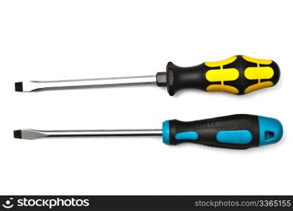 Yellow and blue screwdrivers isolated on white background