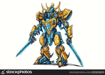 Yellow and blue warrior robot with swords. Colorful sketch on white background. Game concept of samurai cyborg. AI generated illustration. Yellow and blue warrior with swords. AI generated illustration