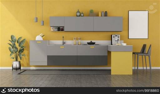 Yellow and gray minimalist kitchen with peninsula and stools - 3d rendering. Yellow and gray minimalist kitchen with peninsula