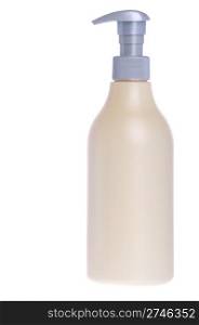 yellow and grey shampoo plastic bottle isolated on white background