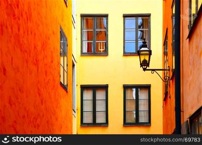 Yellow and orange old houses in Stockholm, Sweden