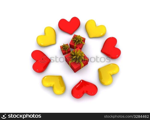 yellow and red hearts around gifts. 3d