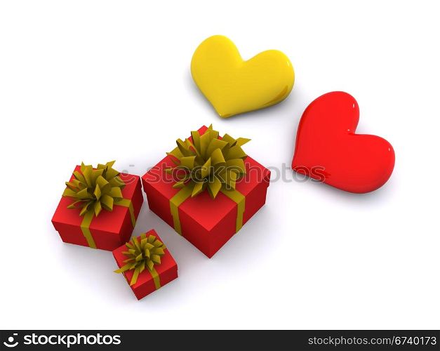 yellow and red hearts with gifts. 3d