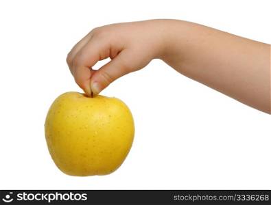 Yellow apple at the hands of girls, isolated
