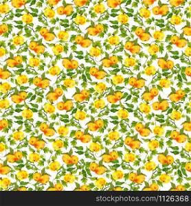 Yellow apples and leaves of apple and grape in a pattern on a white background. Watercolor fruits for the design of pillows, dresses, notebooks, cards.