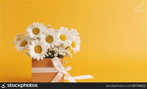 Yellow background with daisy flowers and gift box. Illustration Generative AI 