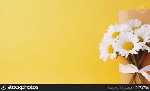 Yellow background with daisy flowers and gift box. Illustration Generative AI
