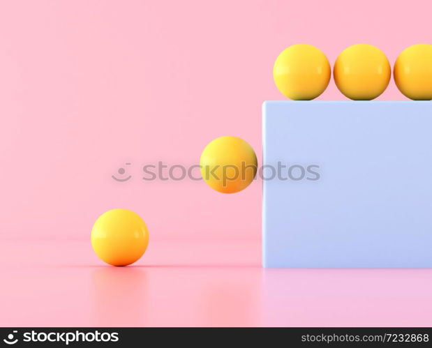 Yellow ball falling from the blue rectangle on pink background,Minimal style. 3D rendering