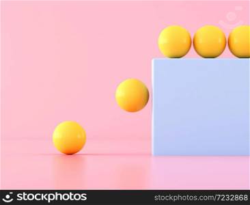 Yellow ball falling from the blue rectangle on pink background,Minimal style. 3D rendering