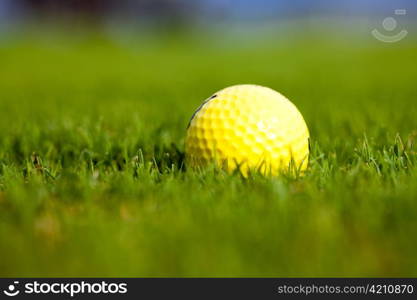 Yellow ball for a golf on a green grass