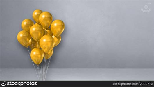 Yellow balloons bunch on a grey wall background. Horizontal banner. 3D illustration render. Yellow balloons bunch on a grey wall background. Horizontal banner.
