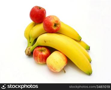 Yellow bananas apples and pears a still-life on a white background