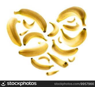 Yellow bananas in the shape of a heart on a white background.. Yellow bananas in the shape of a heart on a white background