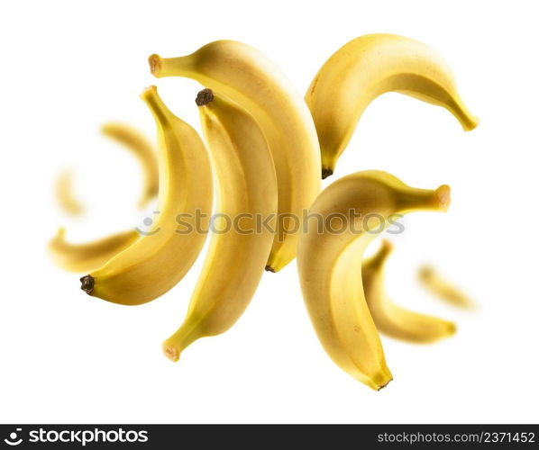 Yellow bananas levitate on a white background.. Yellow bananas levitate on a white background