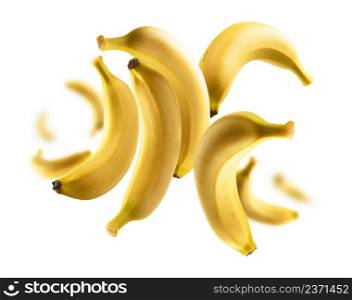 Yellow bananas levitate on a white background.. Yellow bananas levitate on a white background