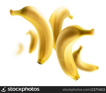 Yellow bananas levitate on a white background.. Yellow bananas levitate on a white background