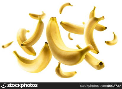 Yellow bananas levitate on a white background.. Yellow bananas levitate on a white background