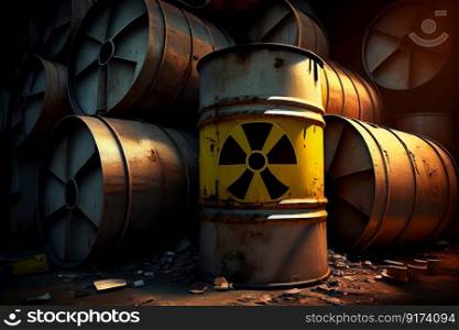 yellow barrels with toxic radioactive waste, illustration Generative AI.