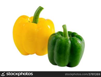 Yellow bell pepper and green bell pepper over white background