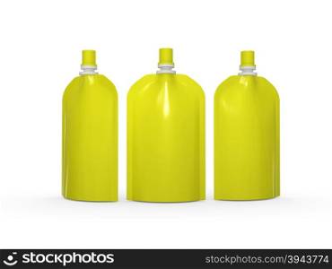 Yellow blank stand up bag packaging with spout lid, clipping path included. Plastic pack mock up for liquid product like fruit juice, milk , jelly, detergent, shampoo or shower cream, Ready for design and artwork