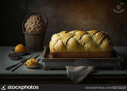 yellow braided loaf on baking tray on table, created with generative ai. yellow braided loaf on baking tray on table