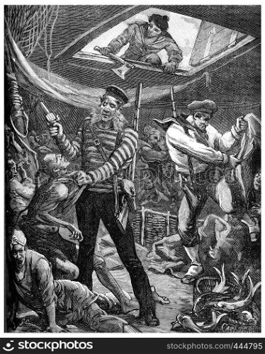 Yellow brigands, Sailors boarding the sampan, vintage engraved illustration. Journal des Voyage, Travel Journal, (1880-81).