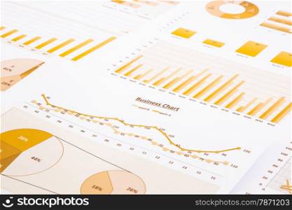 yellow business charts, graphs, reports and summarizing background, management and project for business concepts